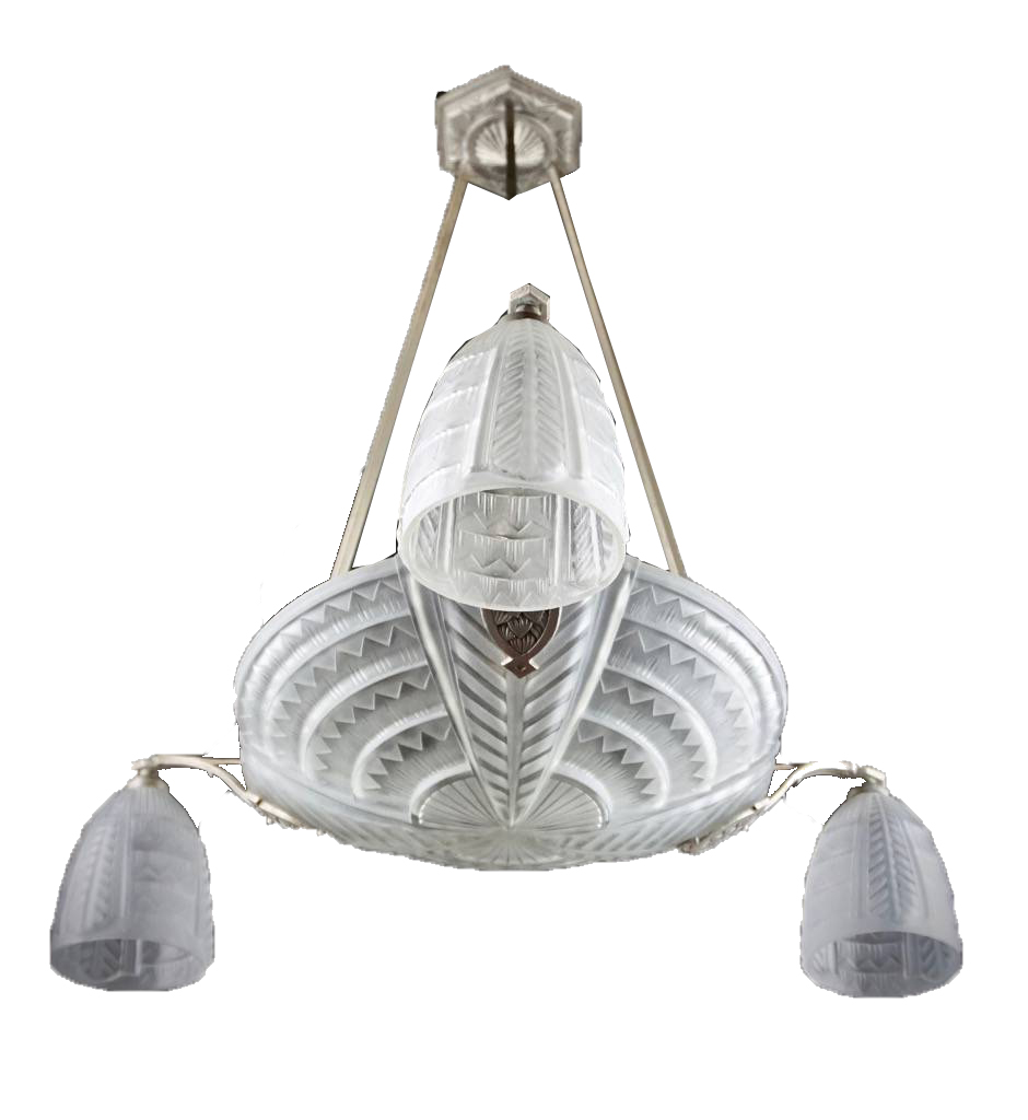 French Art Deco Chandelier by Jean Noverdy Signed | Modernism